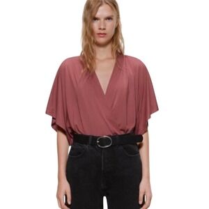 ZARA Dusty Pink Mauve Cape Sleeve Bodysuit Blouse, Women's Size M